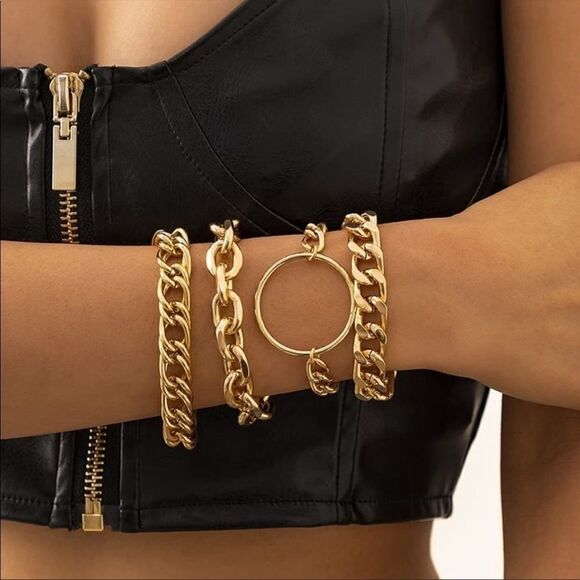 14K Gold Chunky Bracelet Set of 4 - Picture 3 of 7